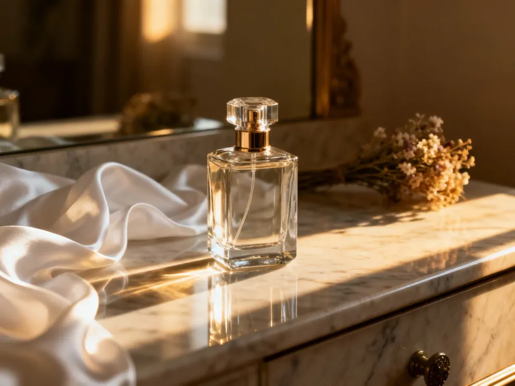 Elegancki flakon perfum na marmurowym blacie w otoczeniu jedwabiu i suszonych kwiatów w ciepłym świetle słonecznym.