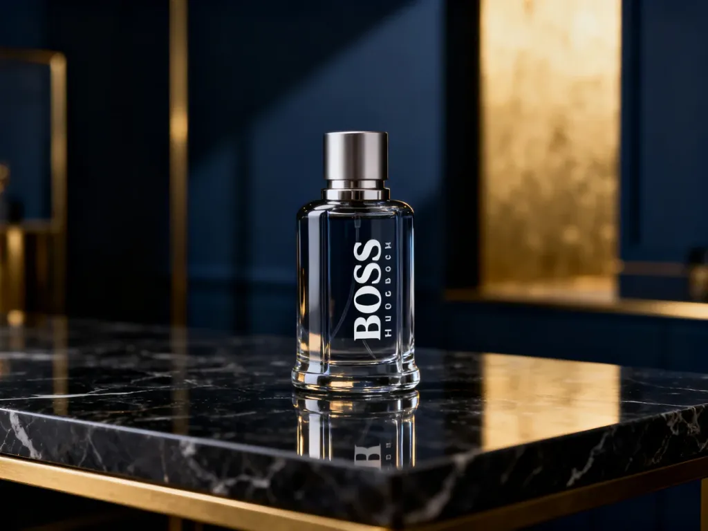Elegancki flakon perfum Hugo Boss na ciemnym marmurowym blacie w luksusowym, minimalistycznym wnętrzu.