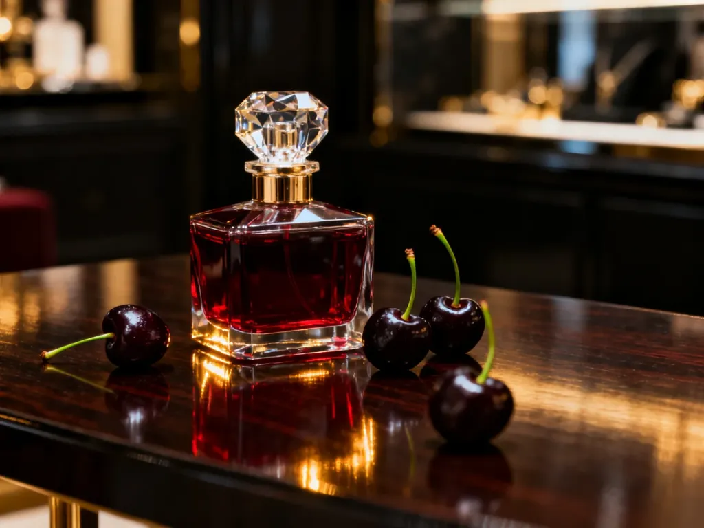 Elegancki flakon perfum z czerwonym płynem w otoczeniu świeżych wiśni na drewnianym stole, podkreślający luksusowy charakter zapachu.