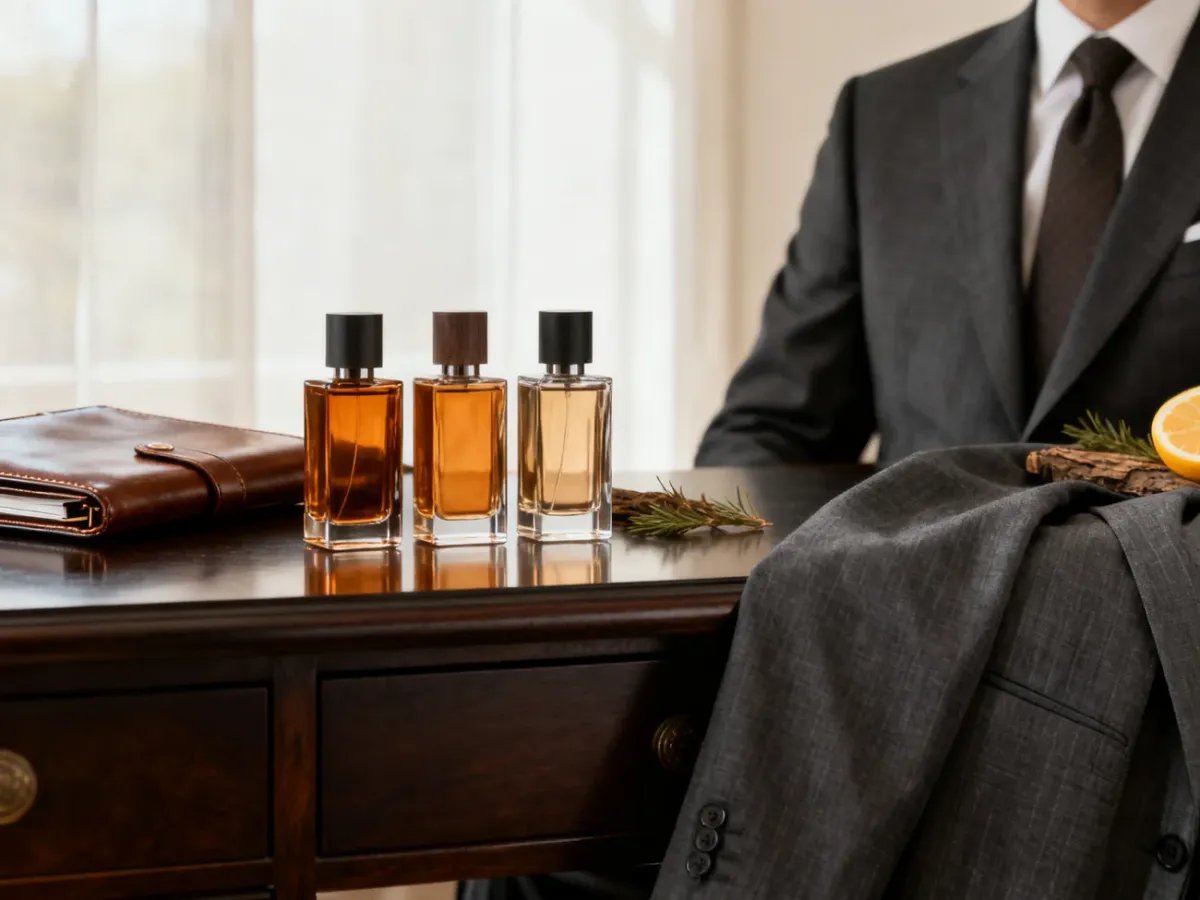 Elegancka kompozycja męskich perfum na biurku obok garnituru i skórzanej teczki