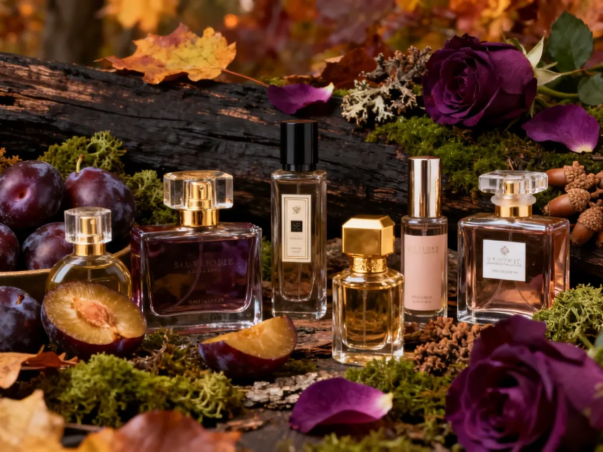 Eleganckie perfumy damskie w otoczeniu jesiennych owoców i kwiatów