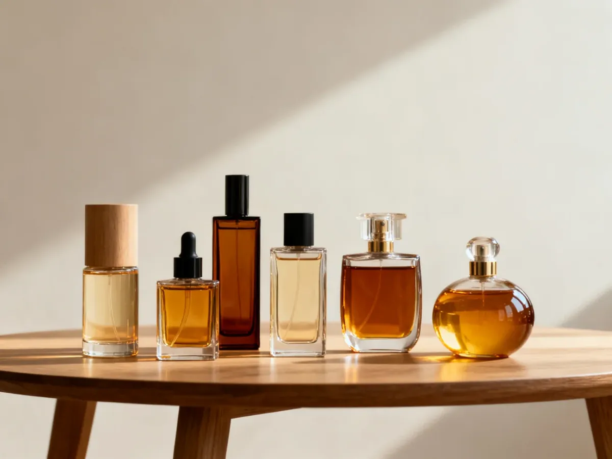 Różne flakony perfum symbolizujące odmienne stężenia i kompozycje zapachowe