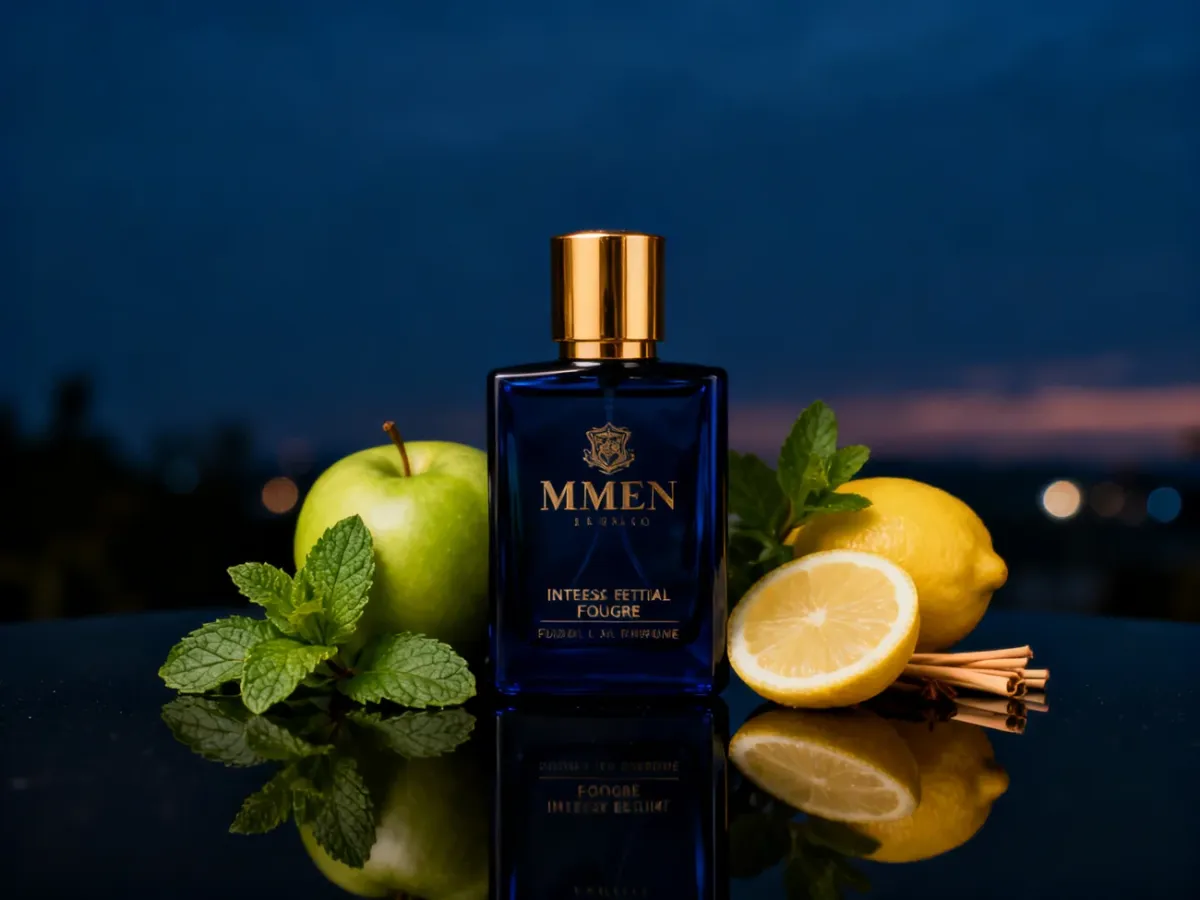 Męskie perfumy w granatowym flakonie otoczone miętą, jabłkiem i cytryną