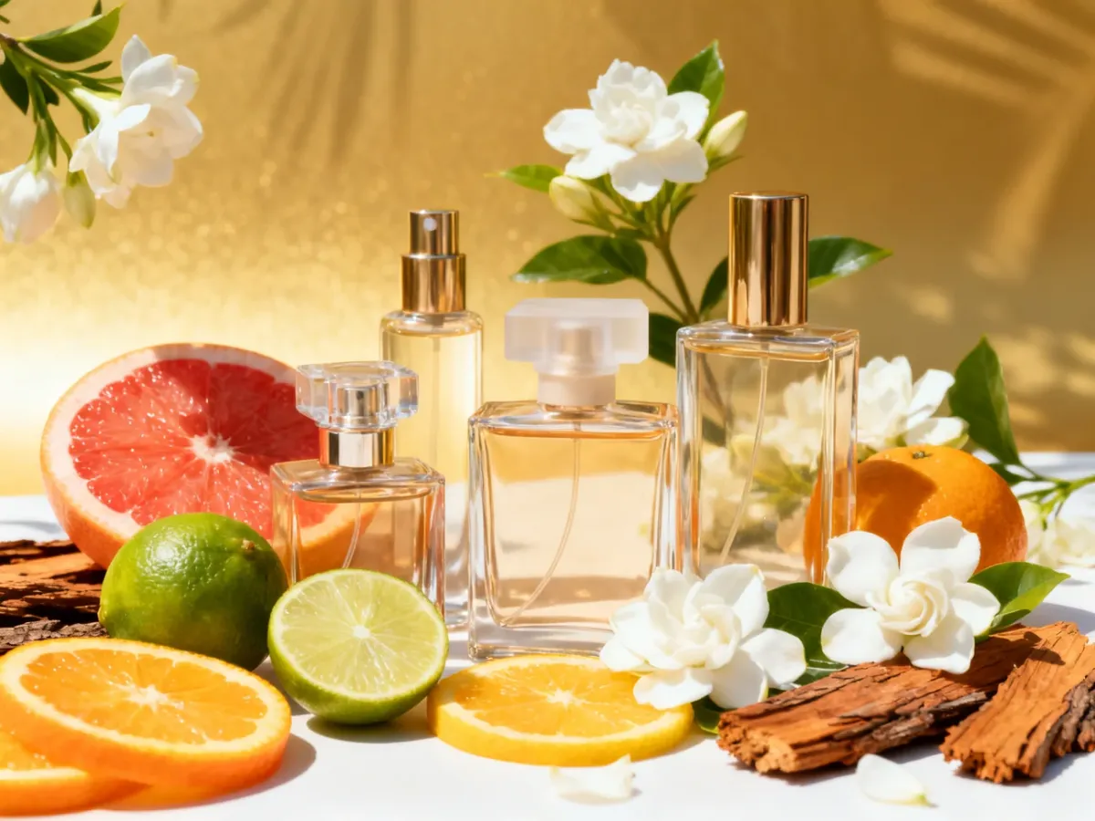 Eleganckie flakony perfum otoczone cytrusami i białymi kwiatami