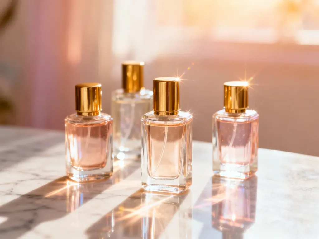 Eleganckie flakony perfum na marmurowym blacie w promieniach słońca, podkreślające luksusowy charakter zapachów.