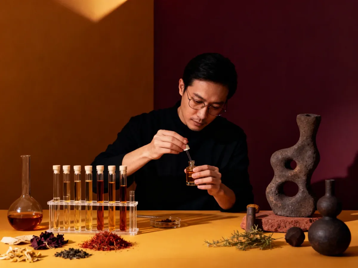 Perfumiarz tworzący eksperymentalną kompozycję zapachową w pracowni