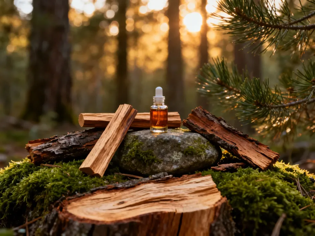 Kawałki drewna sandałowego, kora cedru i flakonik perfum na mchu, symbolizujące naturalne składniki drzewne w zapachach.