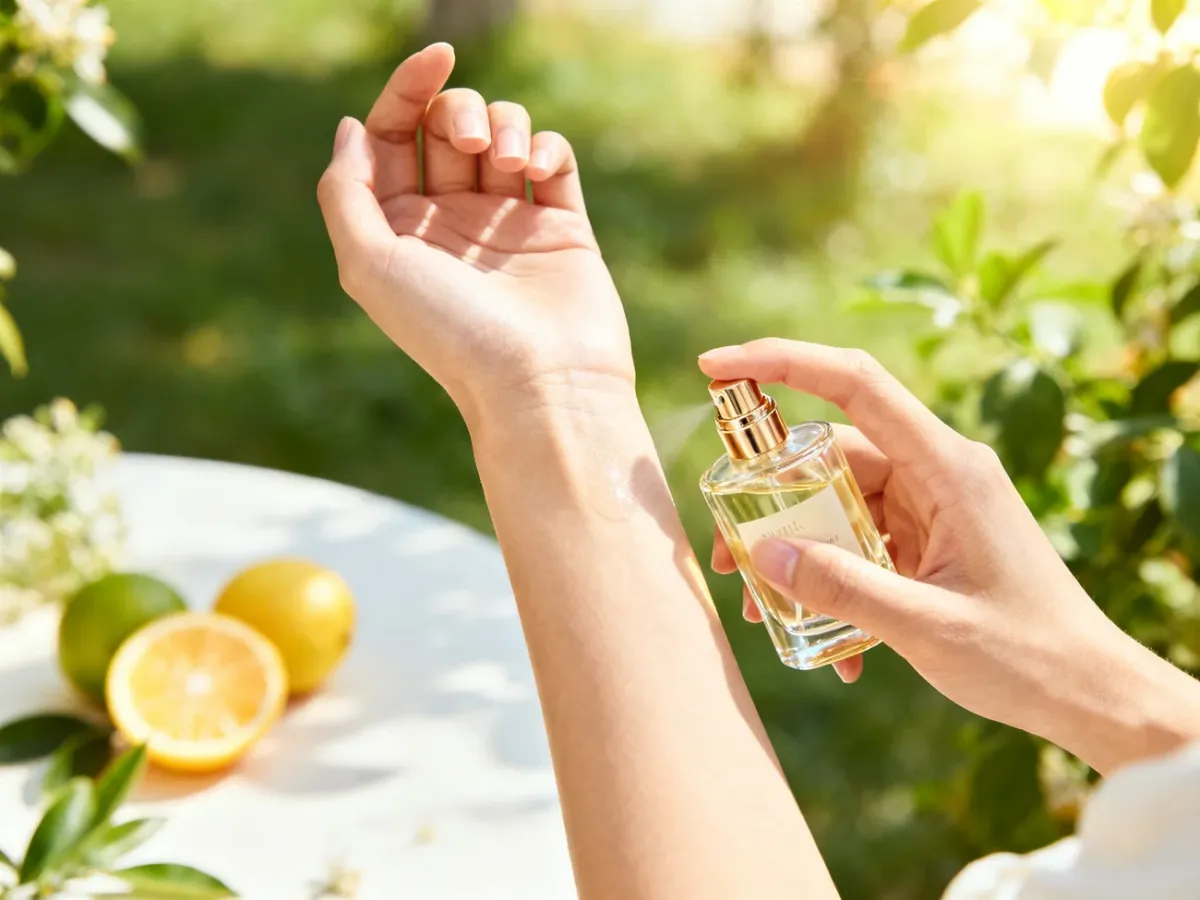 Osoba aplikująca lekkie letnie perfumy na nadgarstek w słoneczny dzień