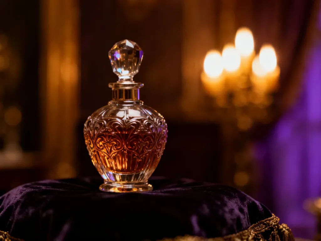 Elegancki flakon perfum na aksamitnym tle w otoczeniu ciepłego światła świec, podkreślający luksusowy charakter zapachu.