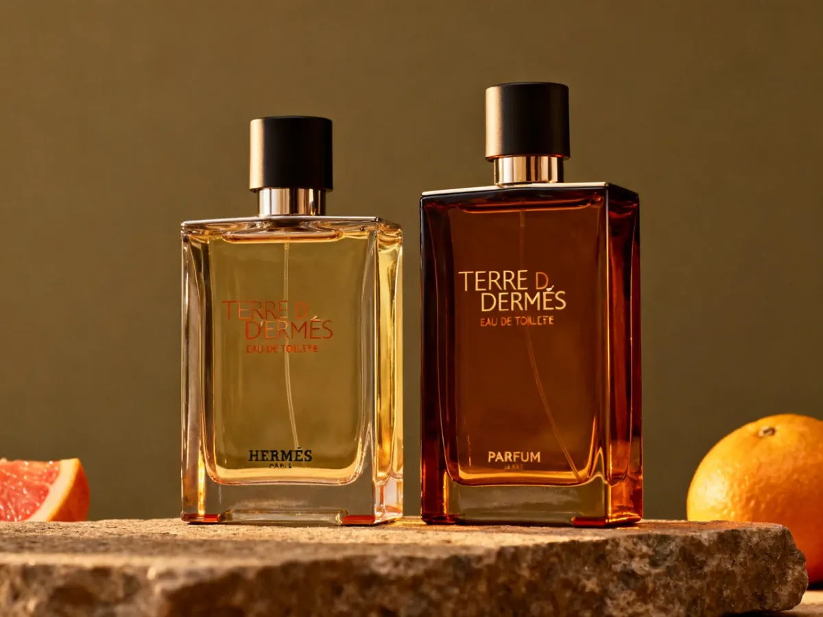 Dwie eleganckie butelki zapachów Terre d’Hermès na kamiennej powierzchni
