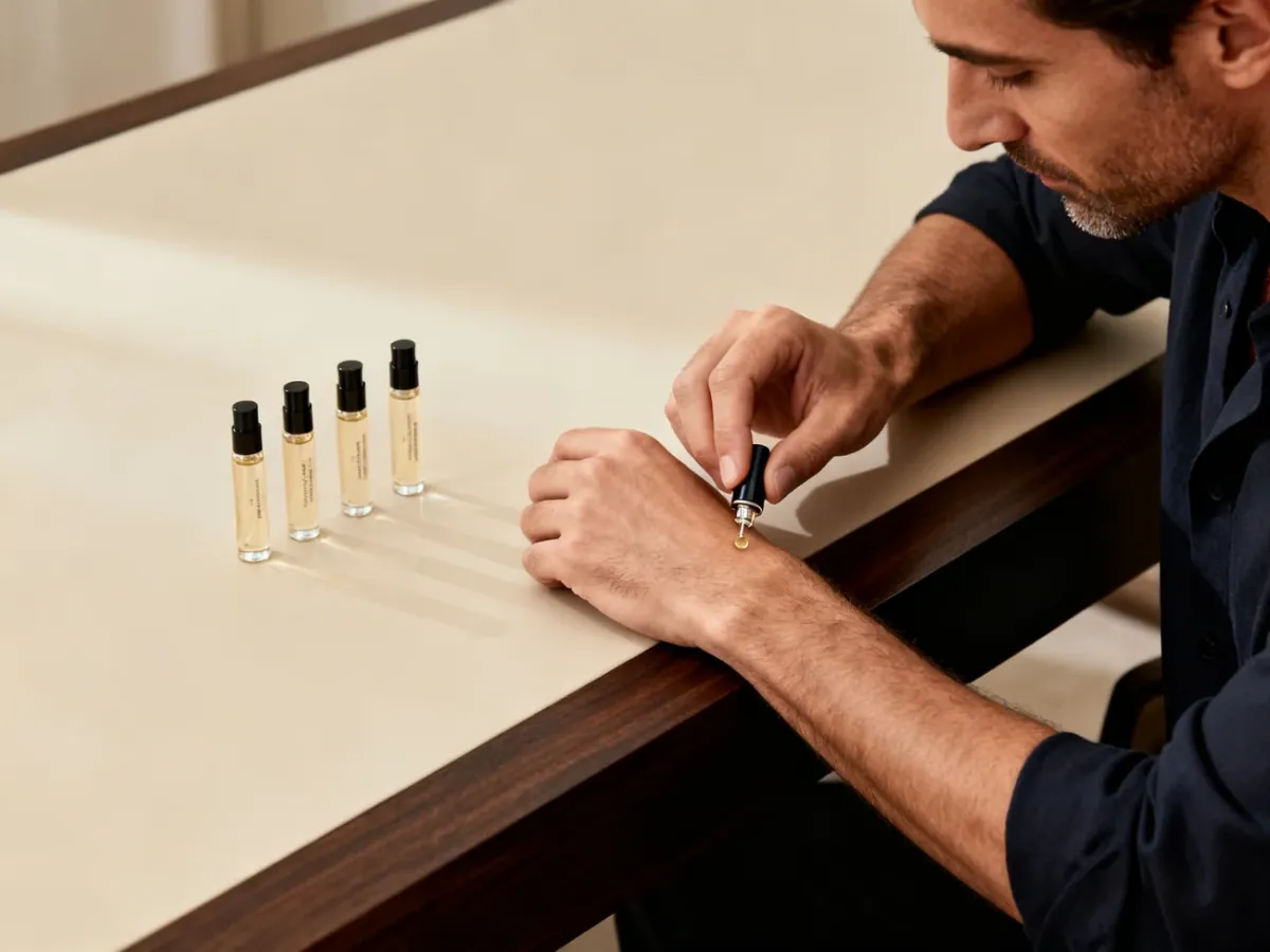 Mężczyzna testujący odlewkę perfum na nadgarstku