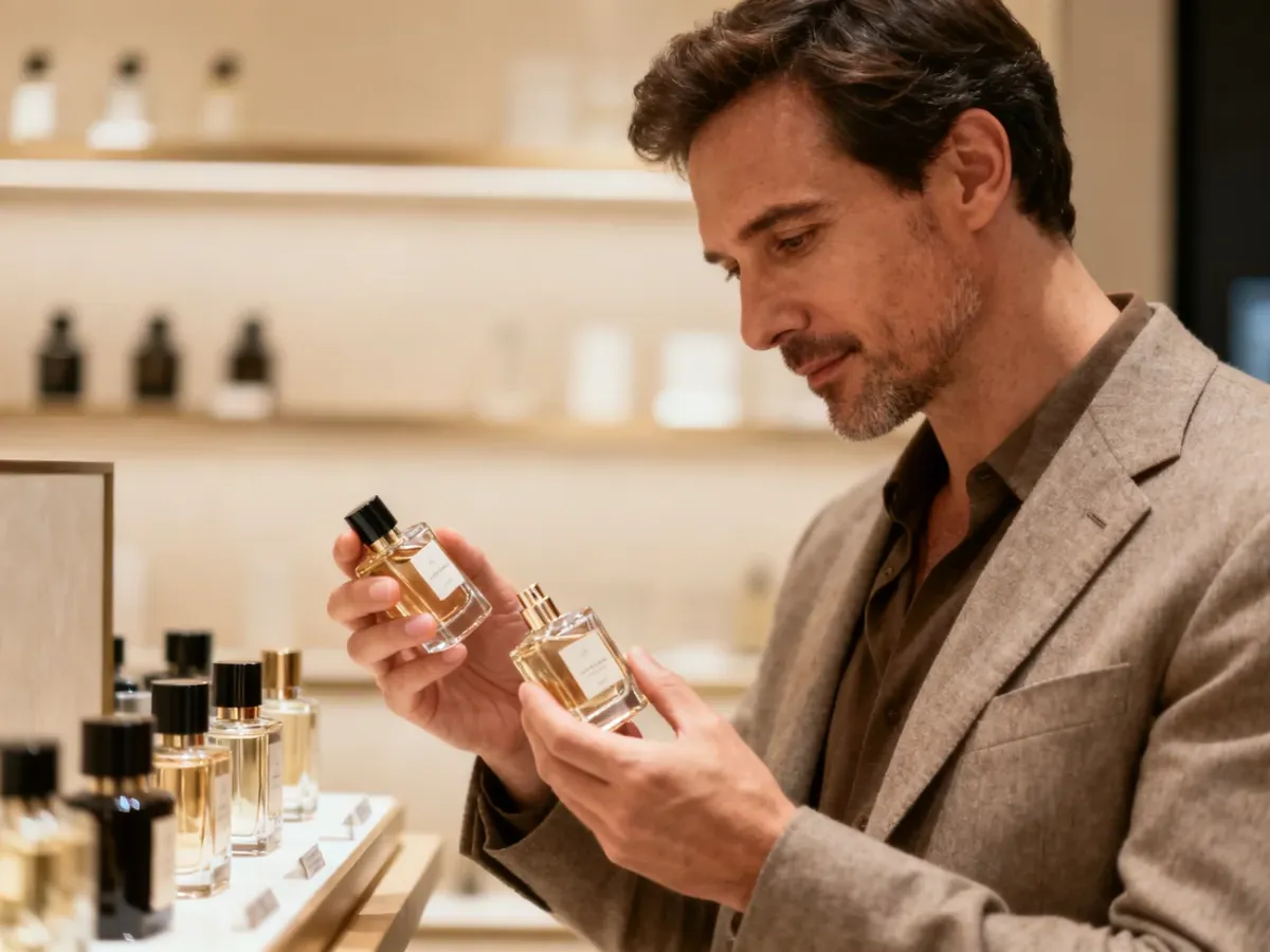 Mężczyzna wybierający perfumy w eleganckiej perfumerii