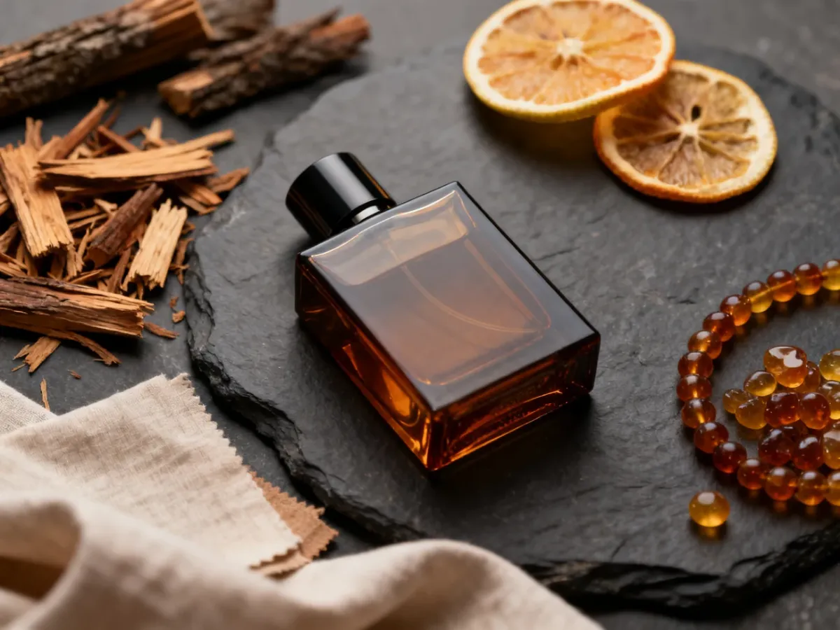 Elegancka butelka męskich perfum otoczona drewnem cedrowym, cytrusami i ambrą