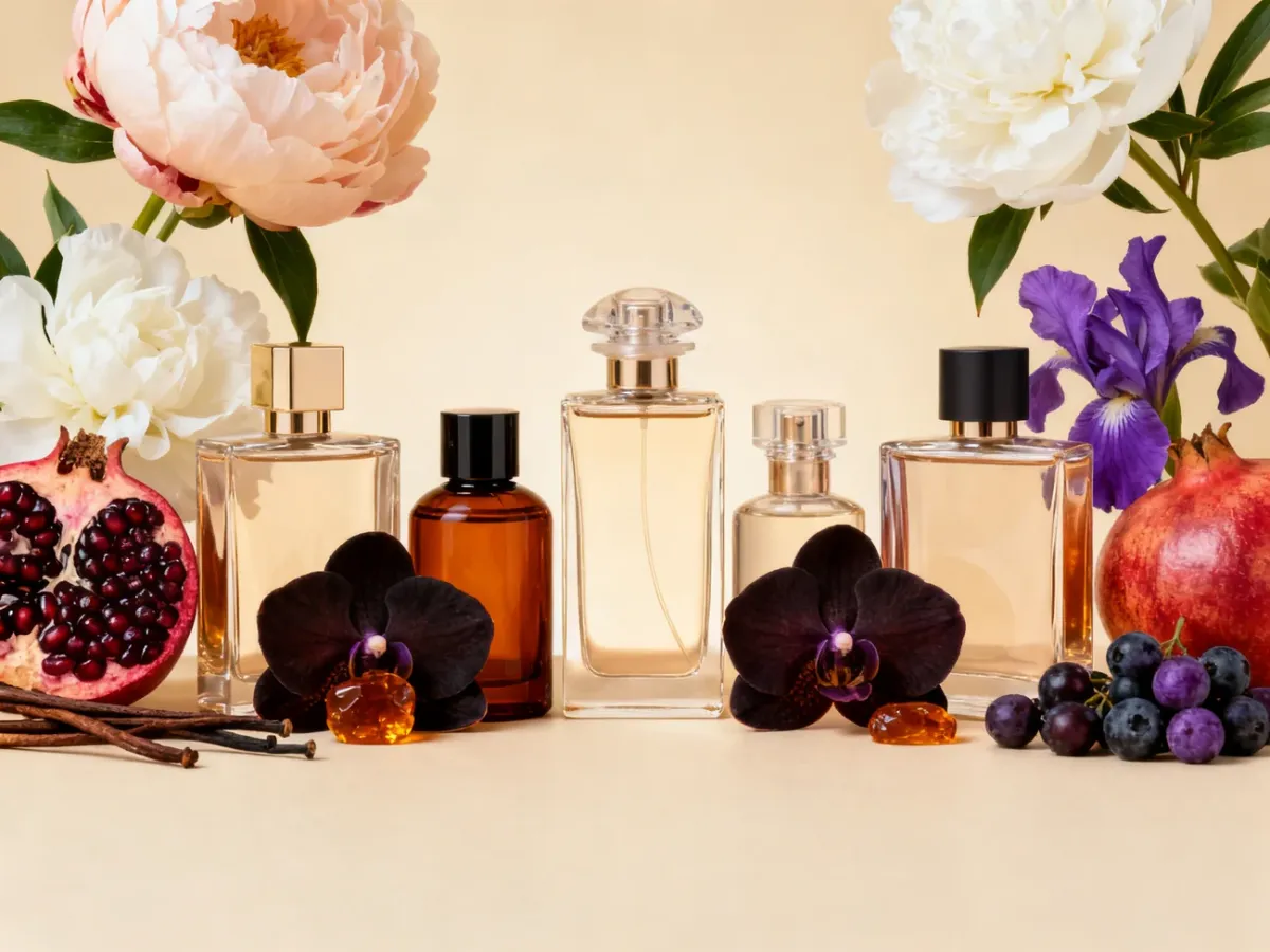 Flakony perfum w otoczeniu składników symbolizujących różne rodziny zapachowe