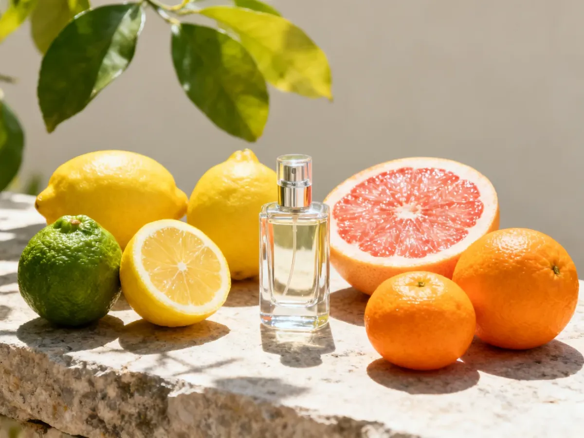 Cytrusy i flakon perfum w jasnej, letniej aranżacji