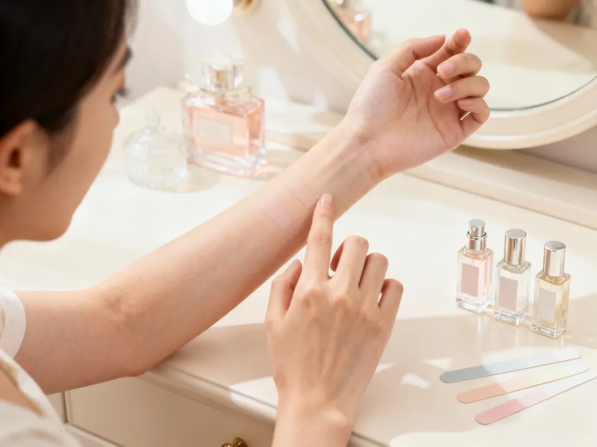 Testowanie kilku perfum na skórze przed zakupem