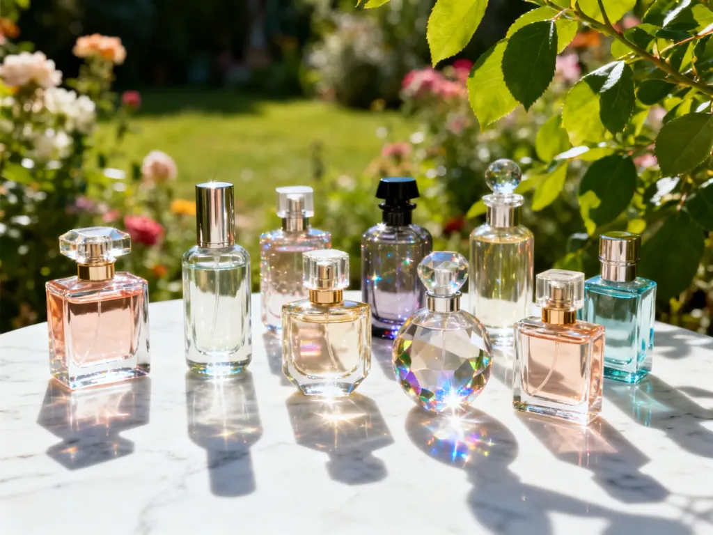 Eleganckie flakony perfum na marmurowym blacie w słoneczny dzień, w tle rozmyty letni ogród.
