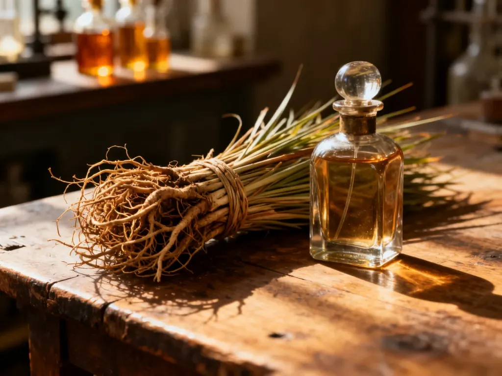 Pęk suszonych korzeni wetywerii obok szklanego flakonu perfum na drewnianym stole w ciepłym, słonecznym świetle.