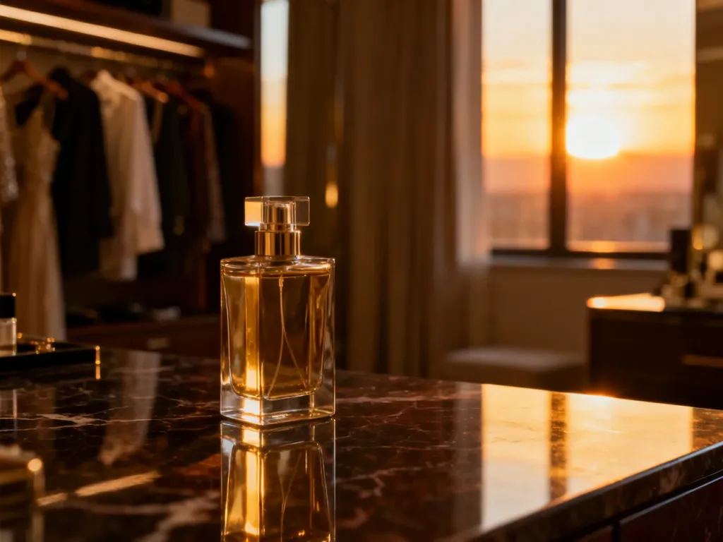 Elegancki flakon perfum na marmurowym blacie w luksusowej garderobie o ciepłym, zachodzącym świetle.