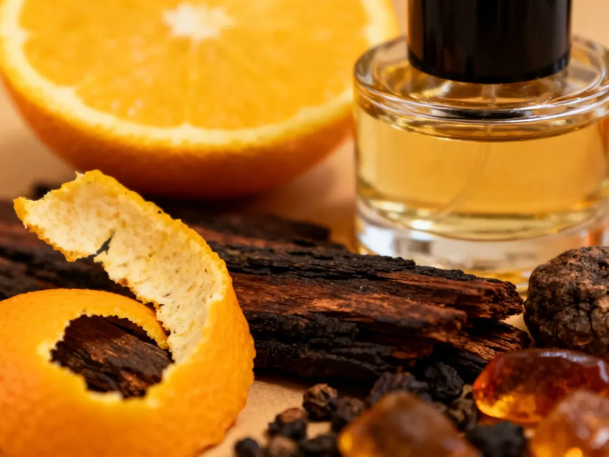 Cytrusowe nuty przechodzące w trwałą drzewno-ambrową bazę perfum