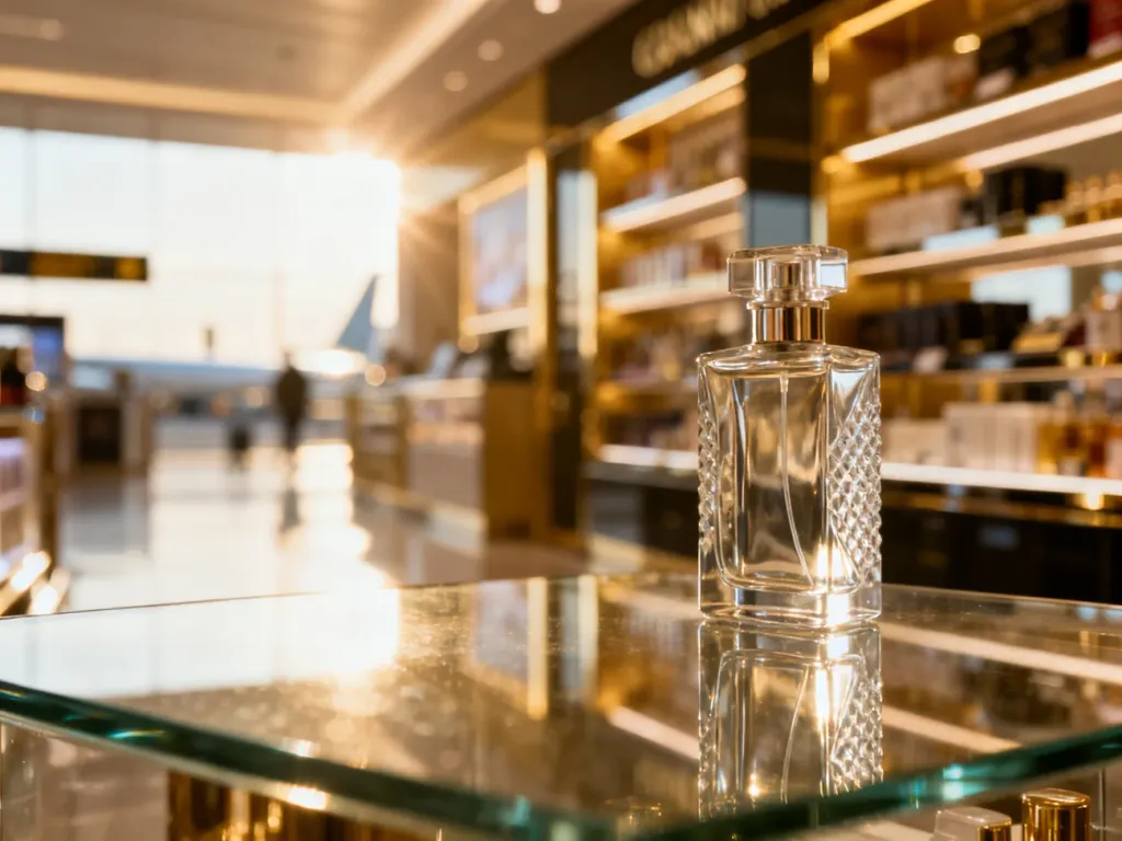 Elegancki flakon perfum na szklanej powierzchni na tle rozmytego wnętrza sklepu wolnocłowego na lotnisku.