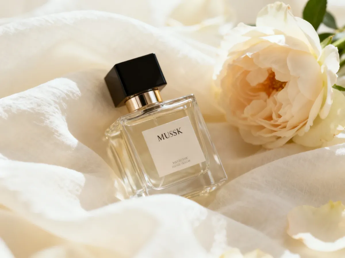 Elegancka butelka perfum otoczona miękkim jasnym materiałem i delikatnymi kwiatami
