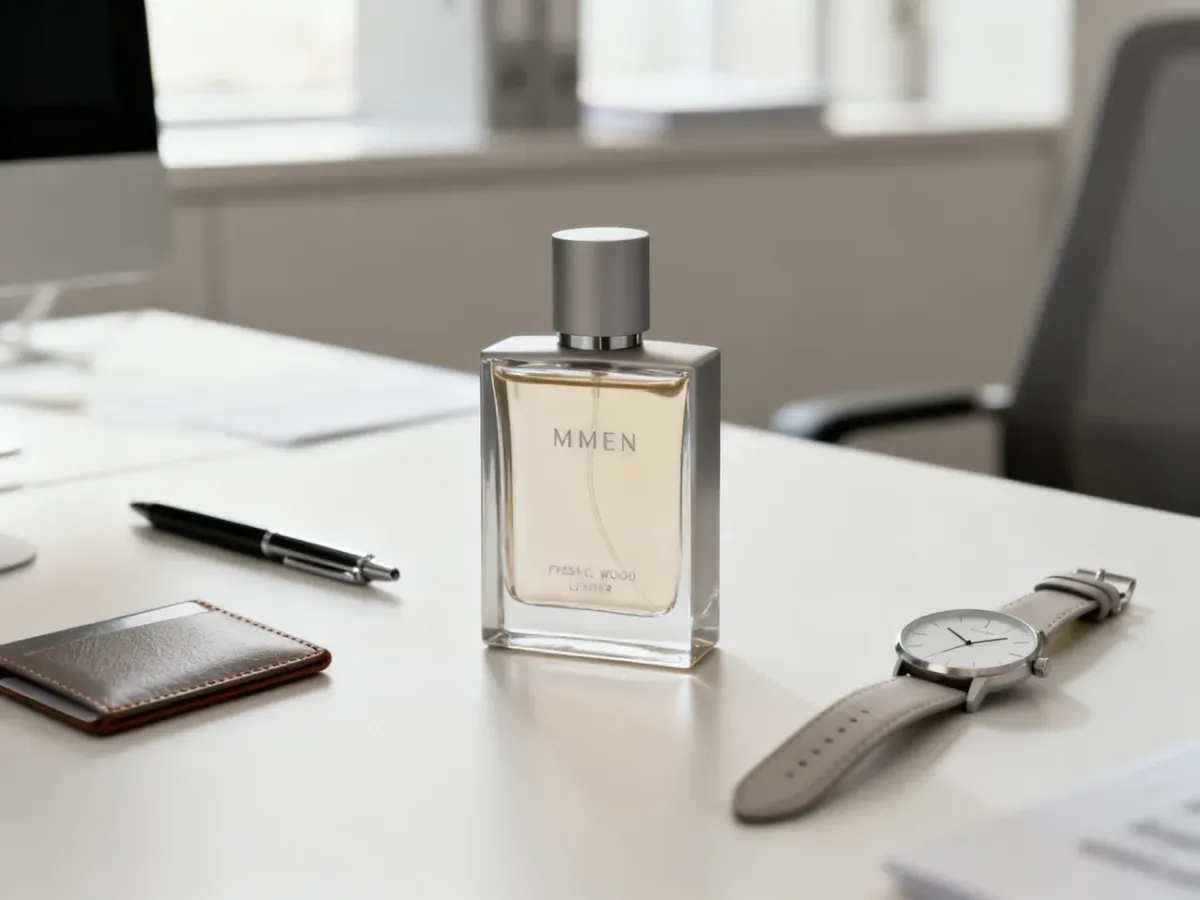 Elegancki męski flakon perfum na biurku w jasnym, profesjonalnym otoczeniu
