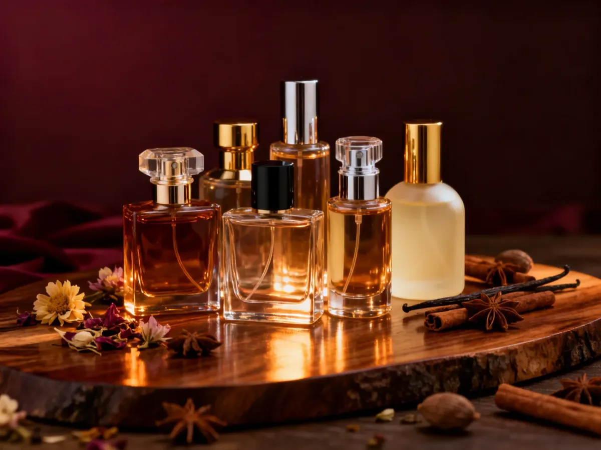 Eleganckie flakony damskich perfum w otoczeniu kwiatów, przypraw i drewna