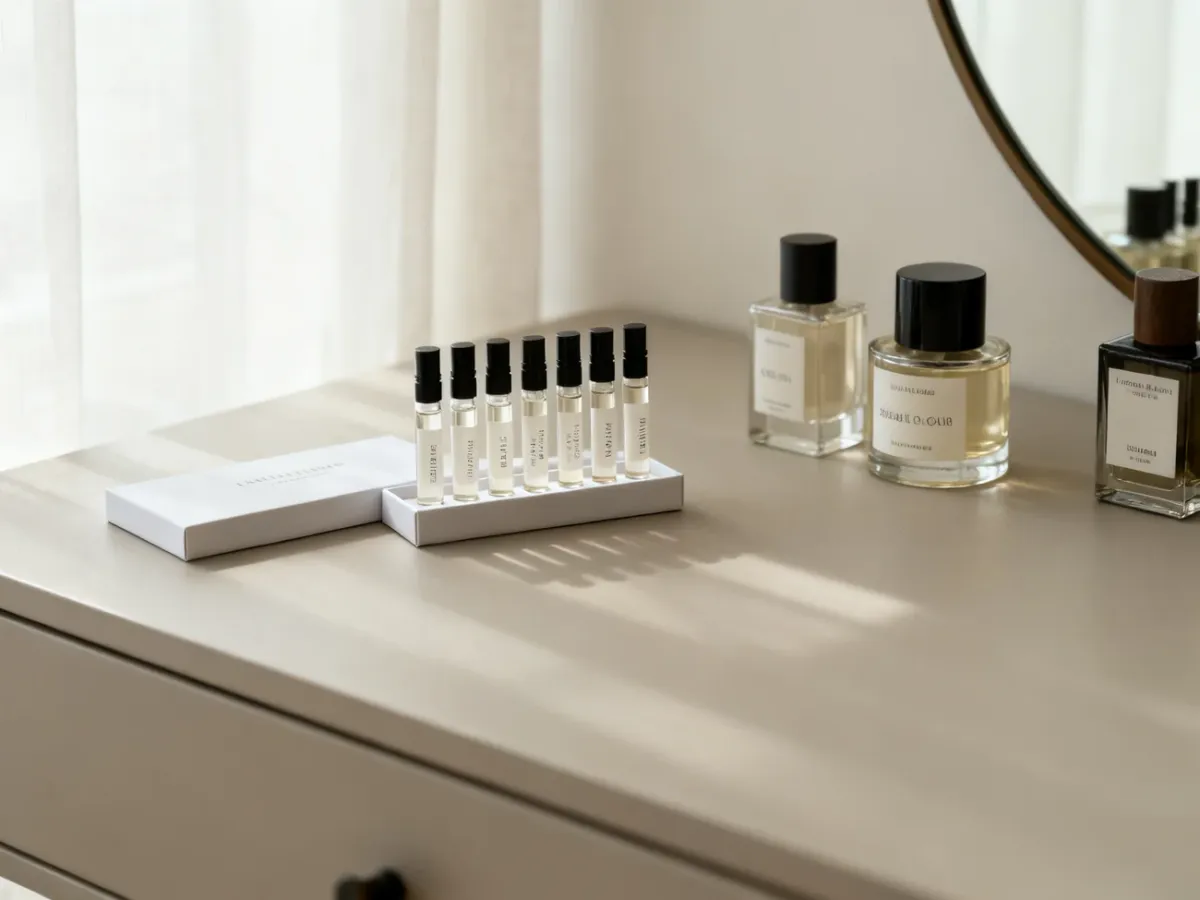 Zestaw próbek perfum niszowych przygotowany do porównania