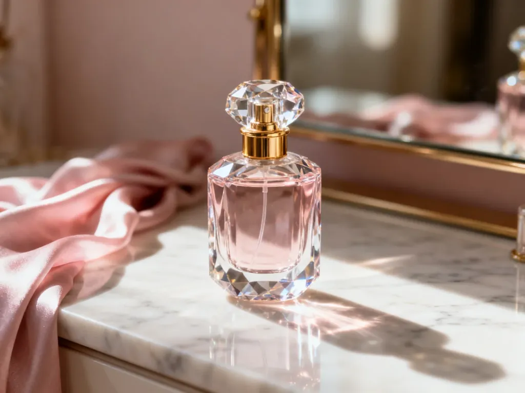Elegancki flakon perfum na marmurowym blacie w otoczeniu jedwabnego szala, podkreślający luksusowy charakter kosmetyku.