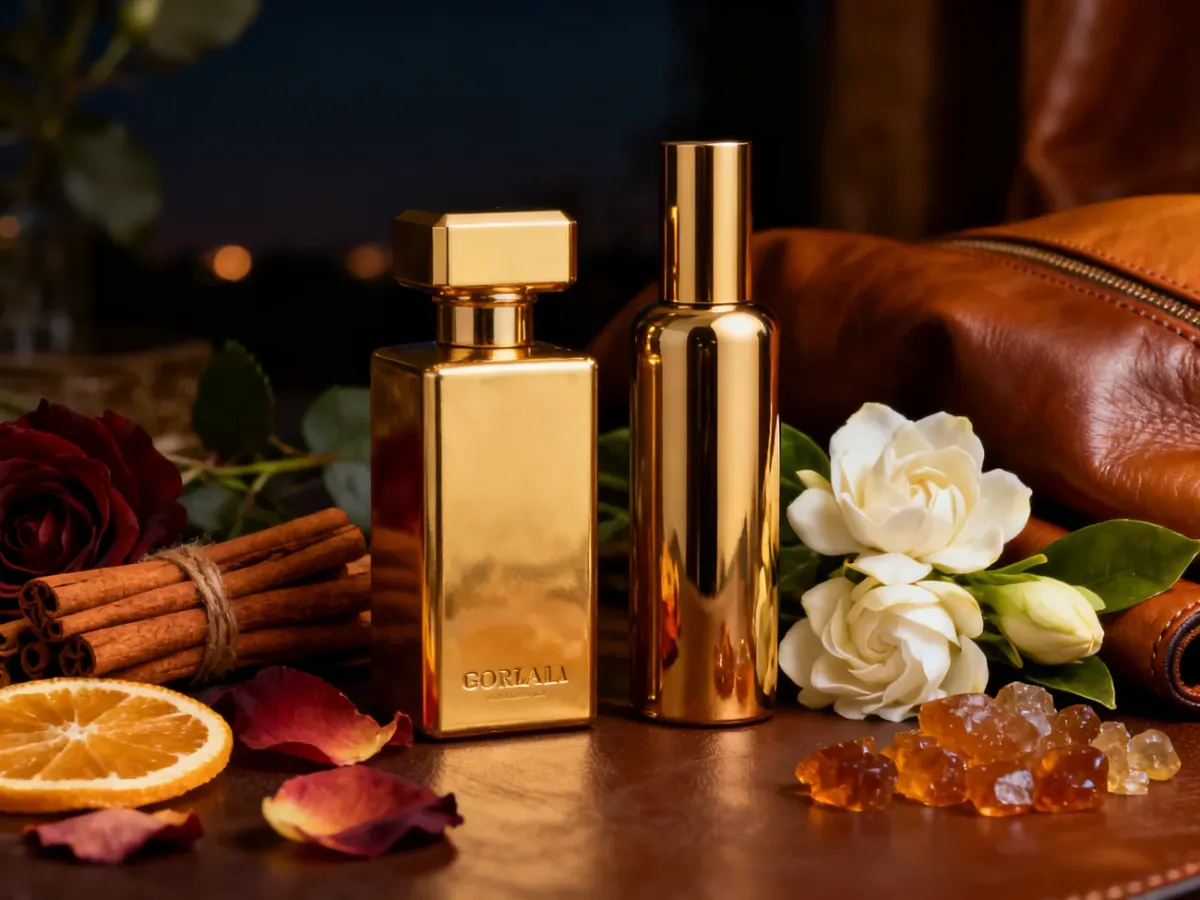 Dwie złote kompozycje perfum otoczone przyprawami, kwiatami, ambrą i skórą