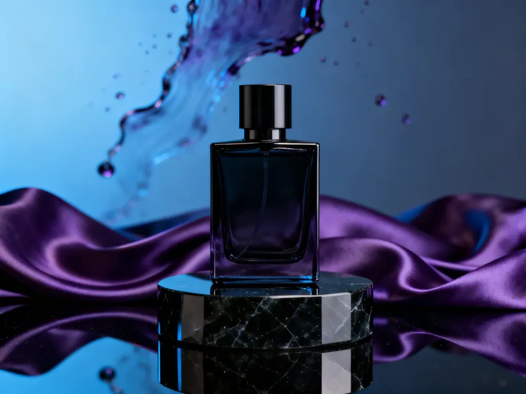 Elegancki flakon perfum męskich Joop! na czarnym postumencie w otoczeniu fioletowych tkanin i artystycznych rozprysków.