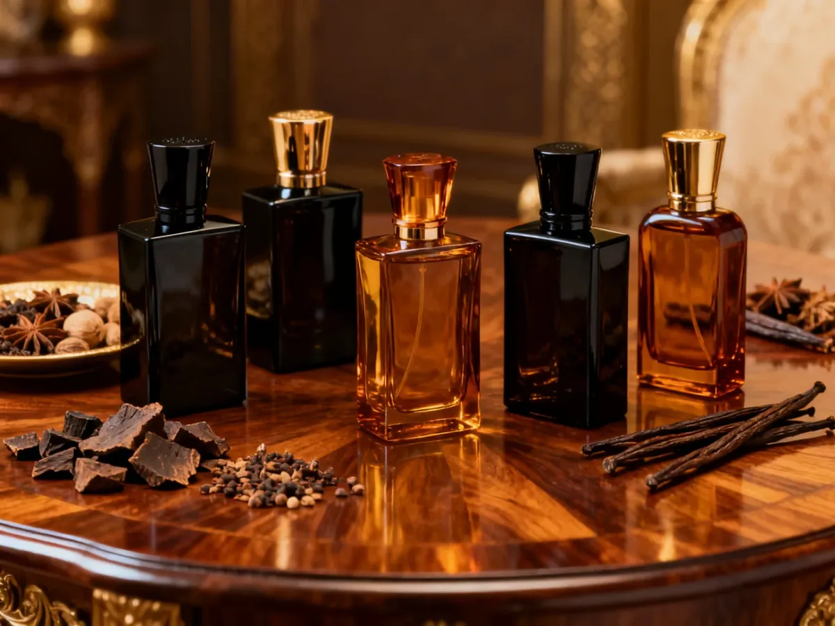 Eleganckie arabskie flakony męskich perfum na drewnianym stole z przyprawami i oud.