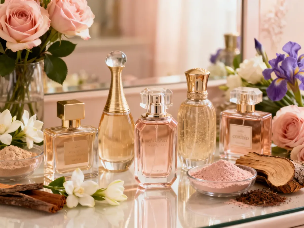 Elegancka kolekcja perfum otoczona kwiatami i składnikami zapachowymi