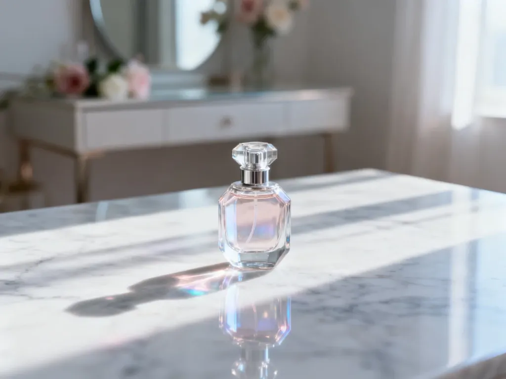 Elegancki flakon perfum na marmurowym blacie w promieniach porannego słońca, podkreślający luksusowy charakter zapachu.