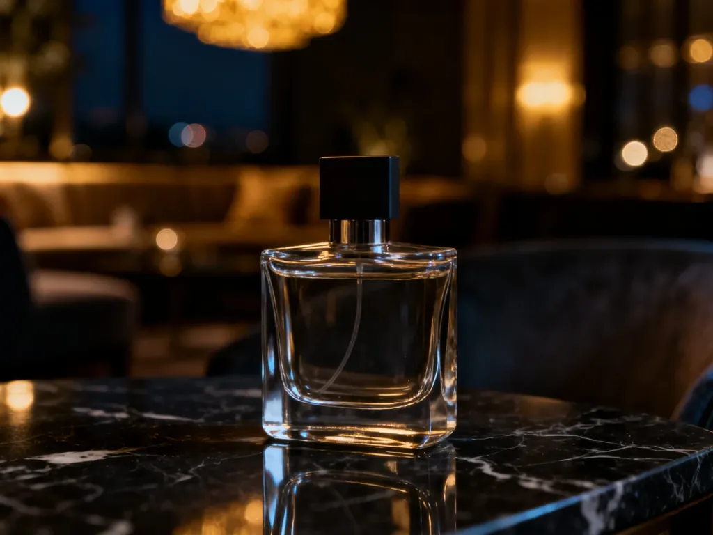Luksusowy flakon perfum na marmurowym blacie w nastrojowym, wieczorowym oświetleniu.