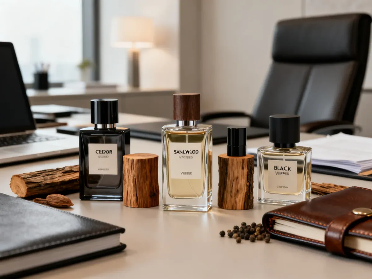 Drzewne męskie perfumy w eleganckiej biznesowej aranżacji