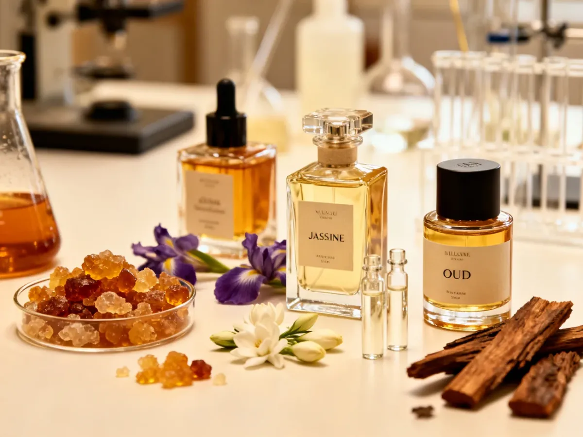 Niszowe flakony perfum i naturalne składniki na stole perfumera