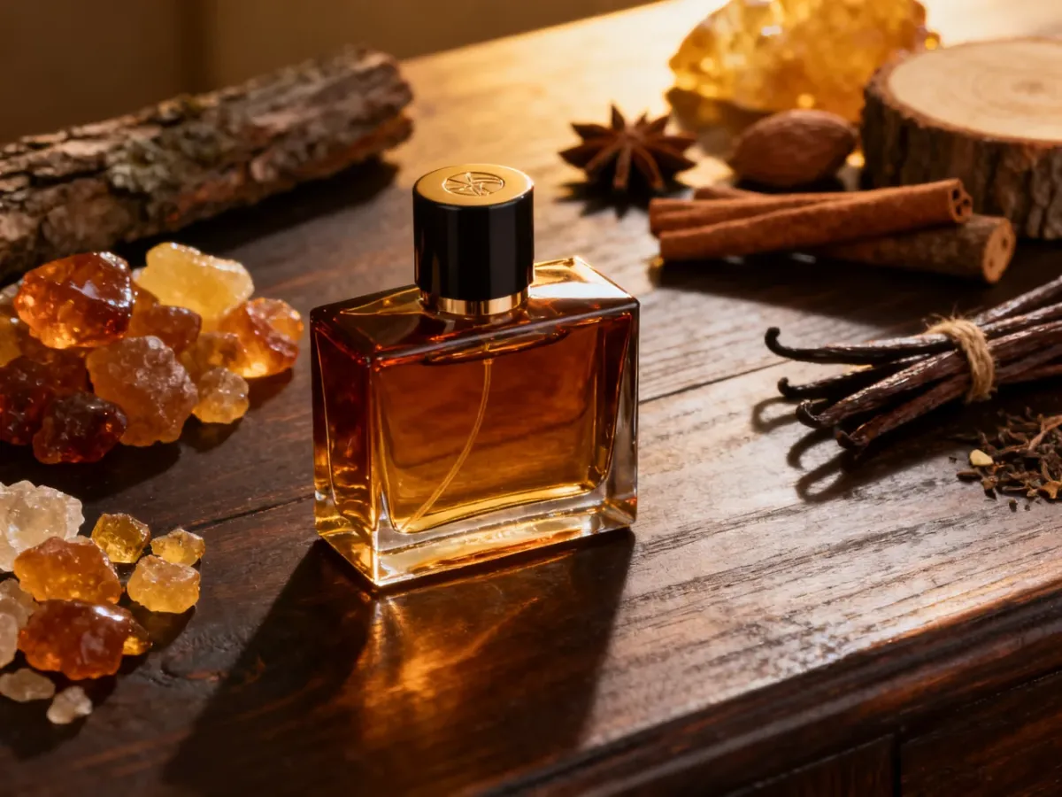 Elegancki flakon męskich perfum ambrowych w otoczeniu drewna i ciepłych nut zapachowych
