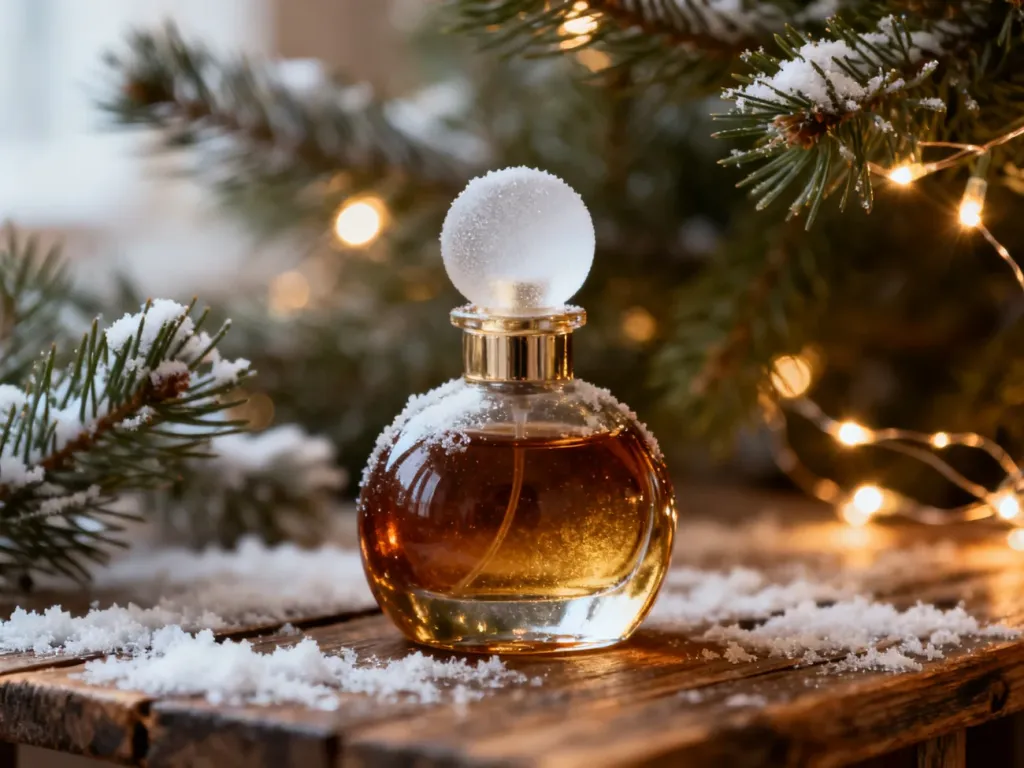 Elegancki flakon perfum na ośnieżonym drewnianym stole w otoczeniu świątecznych światełek, budujący zimowy nastrój.