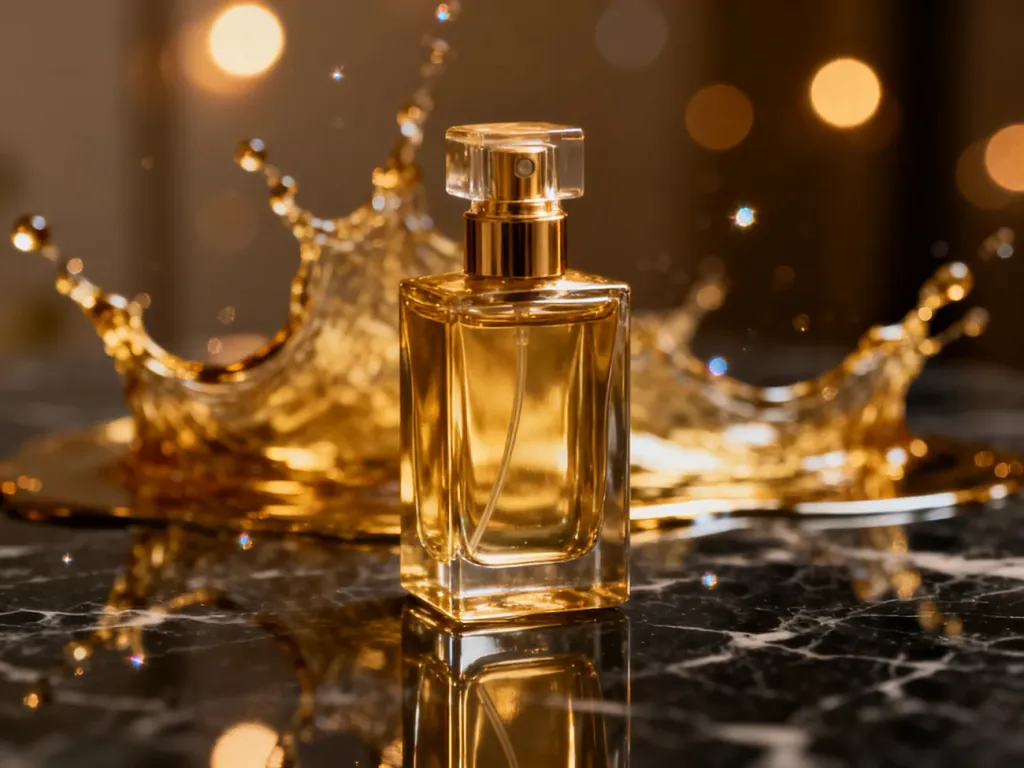 Elegancki flakon perfum One Million Lucky na marmurowym blacie w otoczeniu złotych refleksów i ciepłego światła.