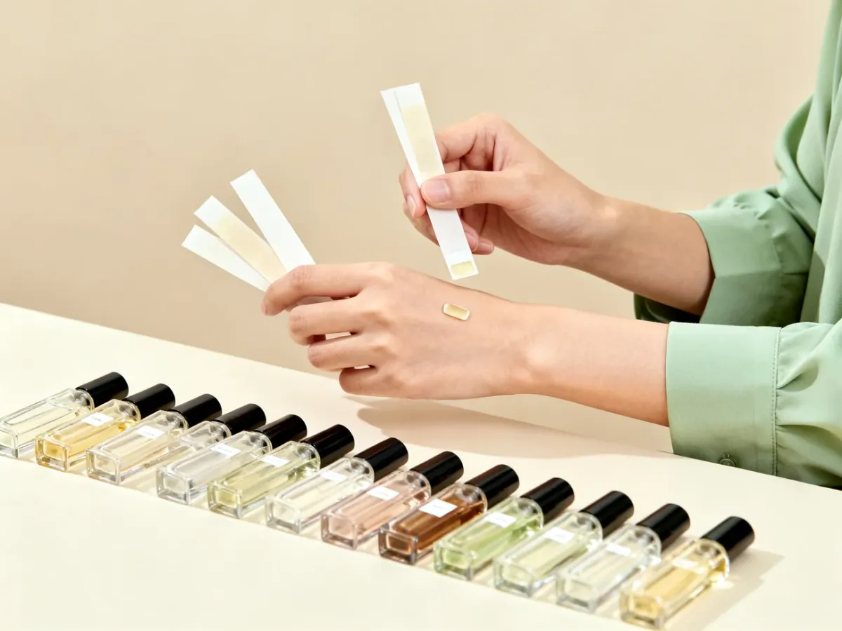 Person comparing perfume samples on blotter strips and skin