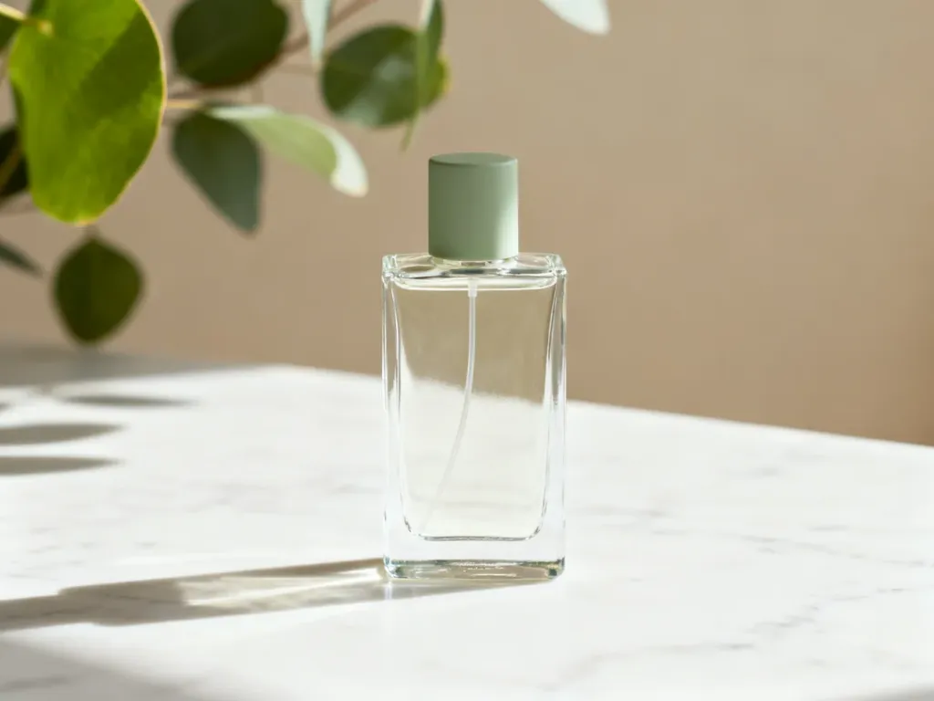 Minimalistyczny flakon perfum na marmurowym blacie w otoczeniu roślin, podkreślający naturalny i delikatny charakter zapachu.