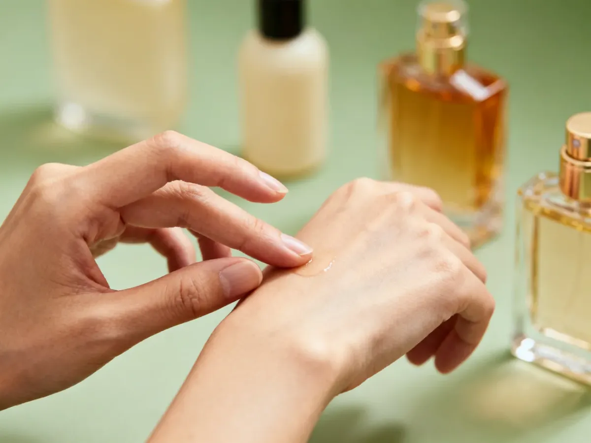 Testowanie perfum na nadgarstku w eleganckiej perfumerii