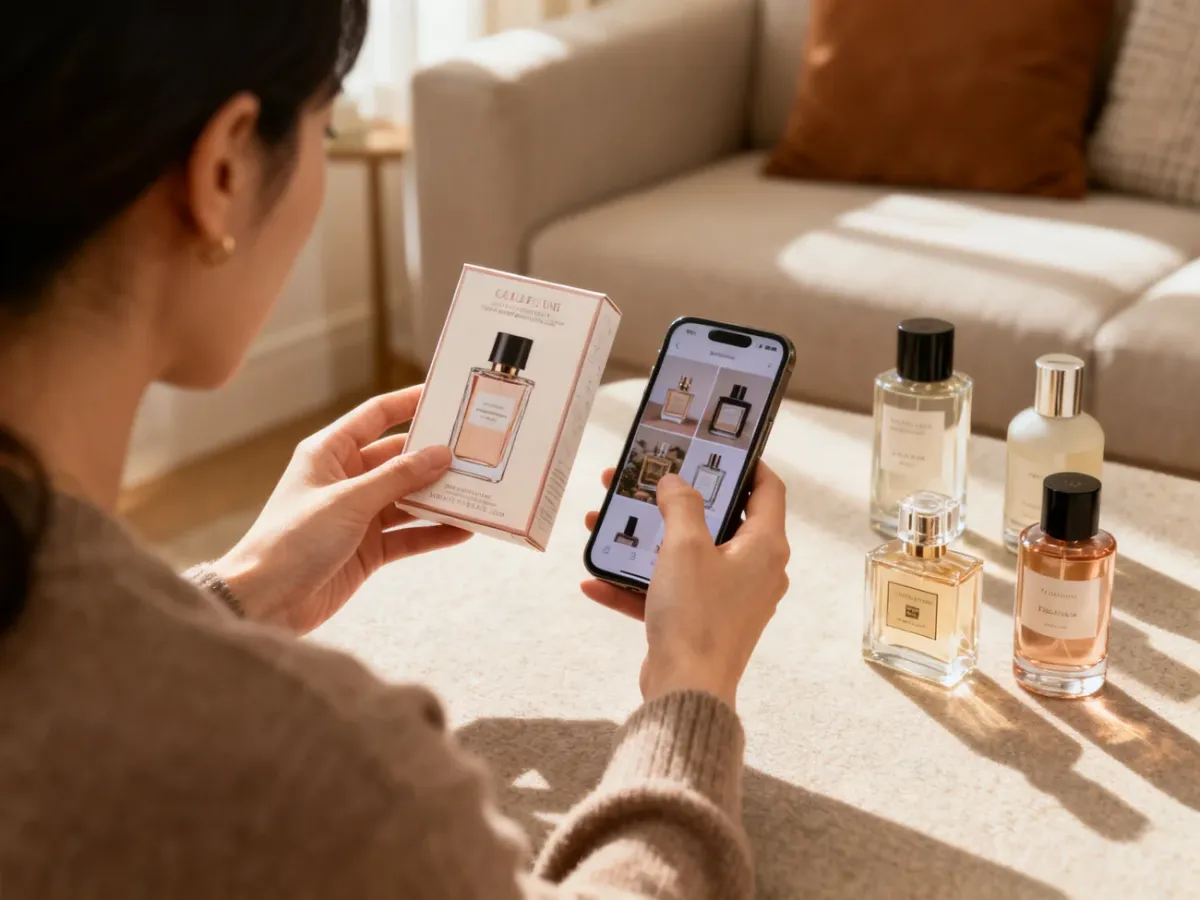 Konsument sprawdzający perfumy i wiarygodność oferty przed zakupem