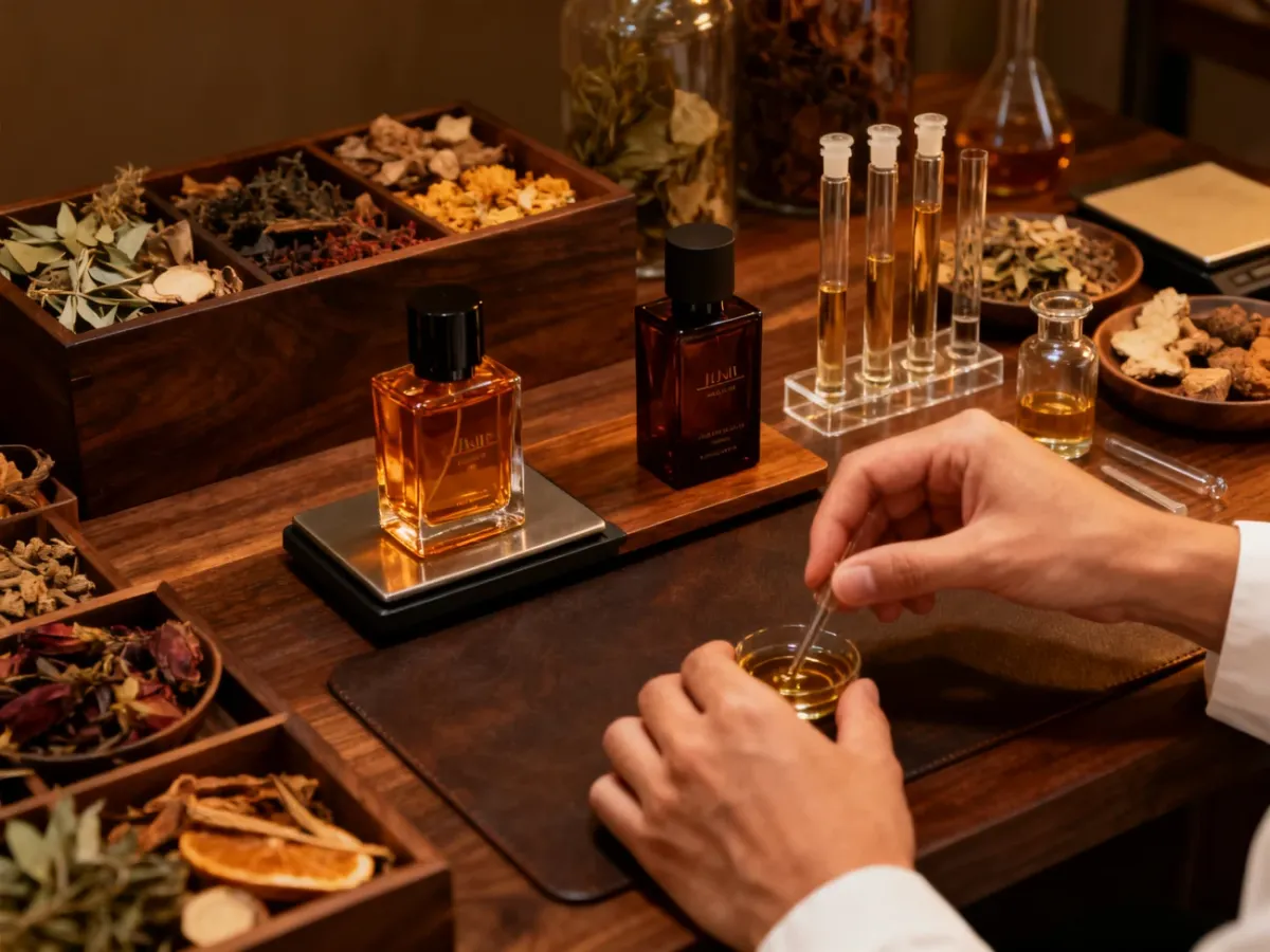Pracownia perfumeryjna z flakonami i naturalnymi składnikami zapachowymi
