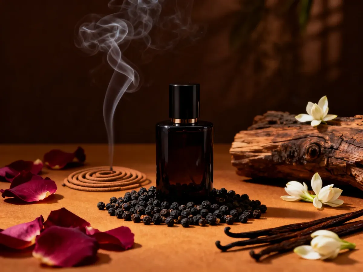 Ciemny flakon perfum otoczony przyprawami, kwiatami i wanilią
