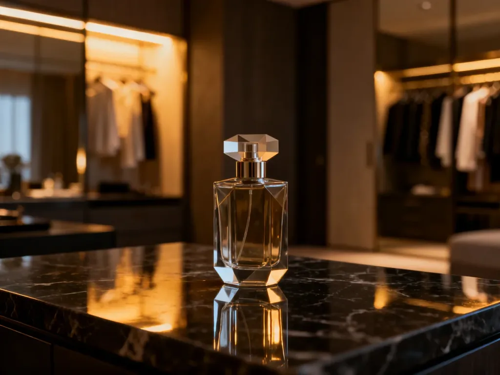 Elegancki flakon perfum Carolina Herrera na marmurowym blacie w luksusowym wnętrzu.