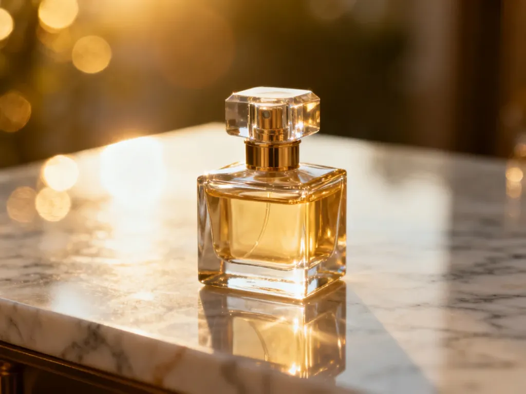 Luksusowy flakon perfum na marmurowym blacie w ciepłym świetle, podkreślający wysoką jakość i elegancję produktu.