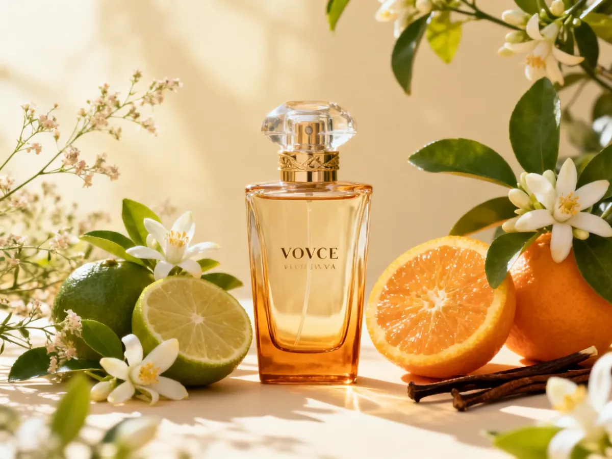 Flakon perfum Voce Viva wśród cytrusów i kwiatów pomarańczy